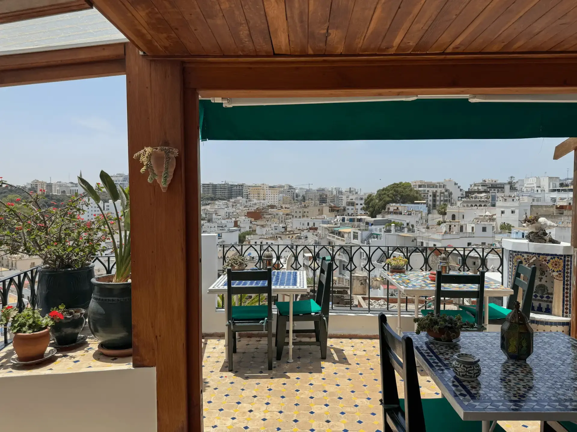 Panoramic rooftop view of Kasbah Rose luxury riad in Tangier Medina with traditional Moroccan architecture